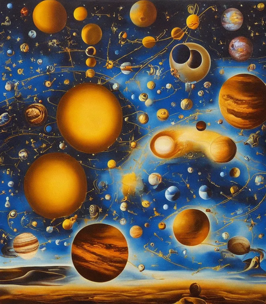 Image similar to a beautiful surrealistic painting of planets and stars in the universe by salvador dali, trending on artstation., oil painting