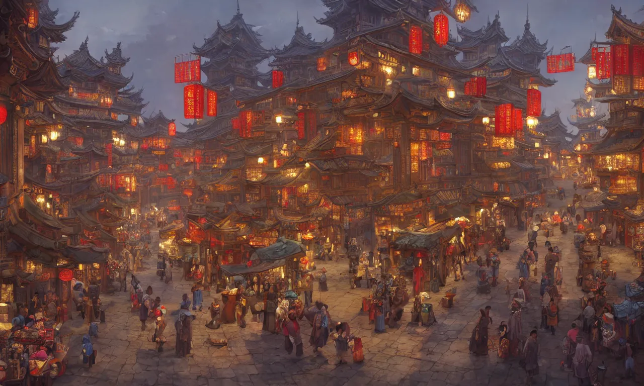 Image similar to an original game concept scene painting of an opulent marketplace street scene in chinese style ， super wide angle, magnificent and gorgeous atmosphere ， matte painting ， rtx on ， by moebius, neil blevins and jordan grimmer ， trending on cgsociety and artstation, unreal engine ， volumetric light ， surreal