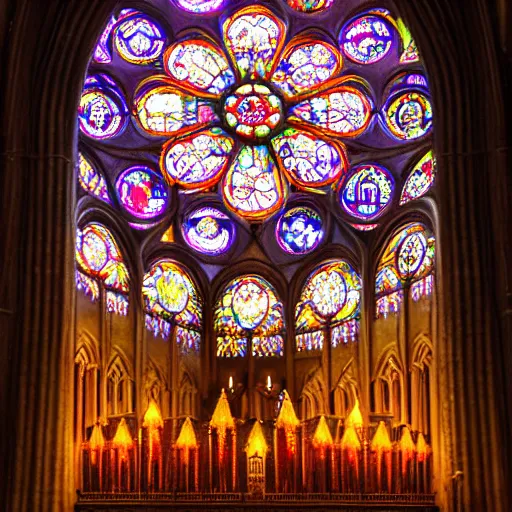 Image similar to a dramatically lit cathedral with candles and god rays, made of fruit and vegetables. The rose window is made from a giant orange slice.