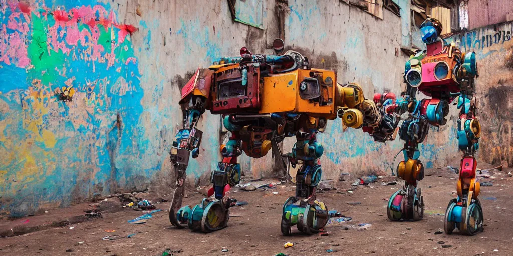 Image similar to colourful - damaged - giant mecha ROBOT of AJEGUNLE SLUMS of Lagos, markings on robot, Golden Hour,