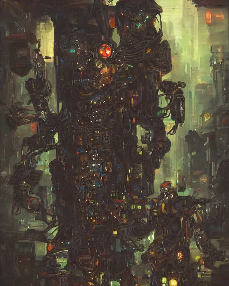 Prompt: an oil painting portrait of a cybernetic junkyard ghost, cyberpunk, shadowrun, in the style of brom