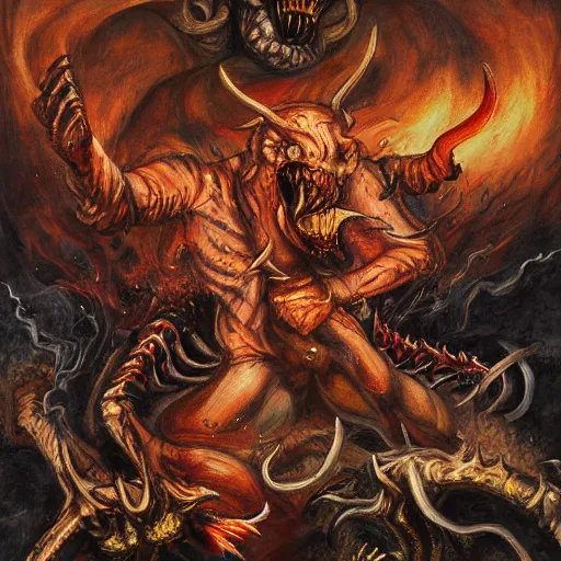 Image similar to realistc detailed painting two demons fighting each other in hell, dark style