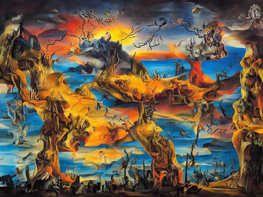 Prompt: bright dramatic lighting colorful surrealist oil painting titled'now we'll all be brothers of the fossil fire of the sun ', magical realism symbolist, ruined city landscape with hybrid animal protagonist, painted by salvador dali and hieronymous bosch and max ernst, shocking detail trending on artstation 8 k