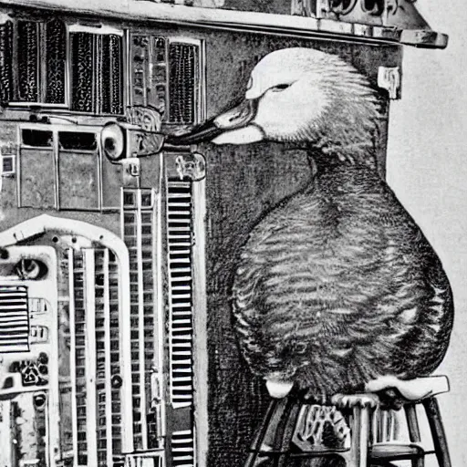 Image similar to a duck inventing the world's first computer, b & w photograph