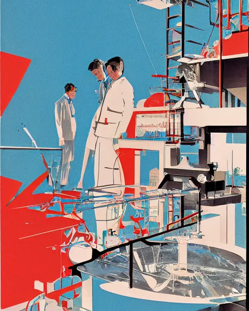 Image similar to science lab. clean cel shaded vector art. illustration art by tatsuro kiuchi and and john berkey 1 9 6 0 s psychology book cover