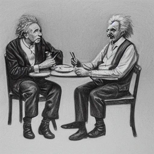 Image similar to Einstein and Newton sitting at cafe, pencil drawing, ultra detailed