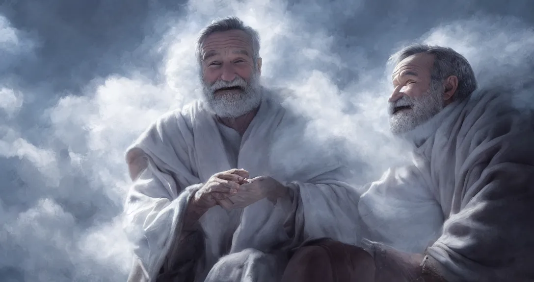 Prompt: robin williams is god, white beard, clouds, heaven, blue eyes, white robe, intricate, detailed, volumetric lighting, scenery, digital painting, highly detailed, artstation, sharp focus, illustration, concept art, ruan jia, steve mccurry