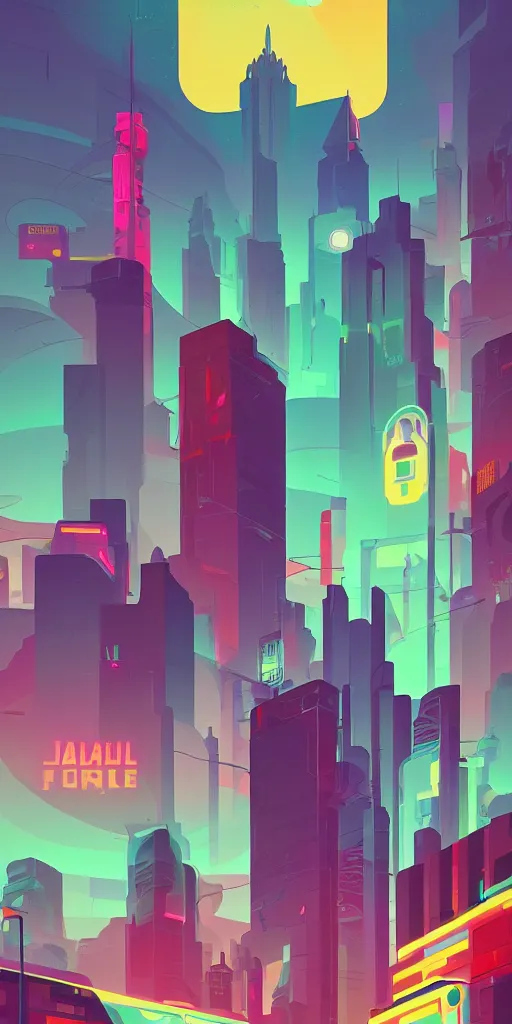 Prompt: cursed multicolored futuristic cityscape, tom whalen, james gilleard, liam brazier, tristan eaton