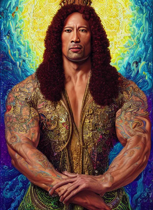 Image similar to beautiful oil painting, portrait of Dwayne the rock Johnson as Louis xiv in coronation robes 1701, Dan Mumford, Dan Mumford, Alex grey, Alex grey, lsd visuals, dmt fractal patterns, entheogen, psychedelic, hallucinogen, highly detailed, ornate, vaporwave