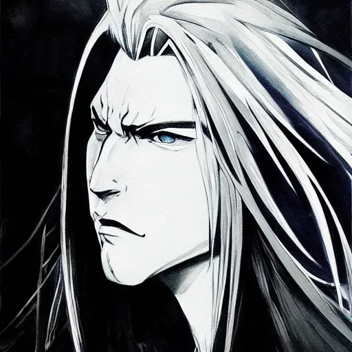 Image similar to a beautiful painting of sephiroth by yoji shinkawa, metal gear solid, strong lines, black and white, atmosphere and tension, japanese, trending on artstation