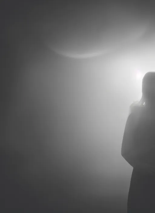 Image similar to a female silhouette, bright glowing translucent aura, fog, film grain, cinematic lighting