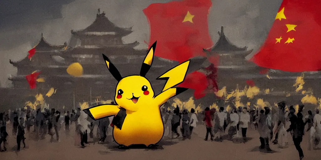 Prompt: Pikachu comes to Tiananmen Square, by phil hale, ashley wood, medium shot, cinematic lighting, high detail