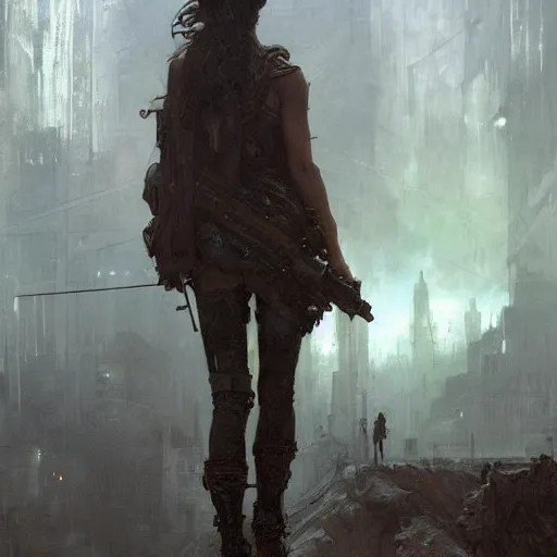 Prompt: wanderer in an dystopian future, dramatic lighting, detailed background, gorgeous view, realistic, high detail, depth of field, lightrays, atmospheric, digital art, painted by greg rutkowski, painted by jeremy mann, painted by alphonse mucha, trending on artstation