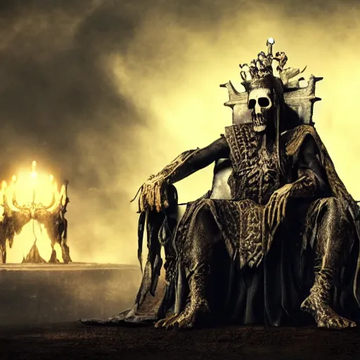 Image similar to the king of death, sitting on throne, shadows, hyperrealistic, dead bodies in the background, high resolution, 8 k, dramatic lighting, holding a skull