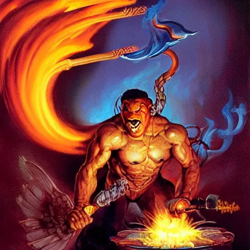 Prompt: balrog with flaming wings, wreathed in smoke, wearing sunglasses and eating ice cream cone, painting by boris vallejo, frank frazetta, and rembrandt