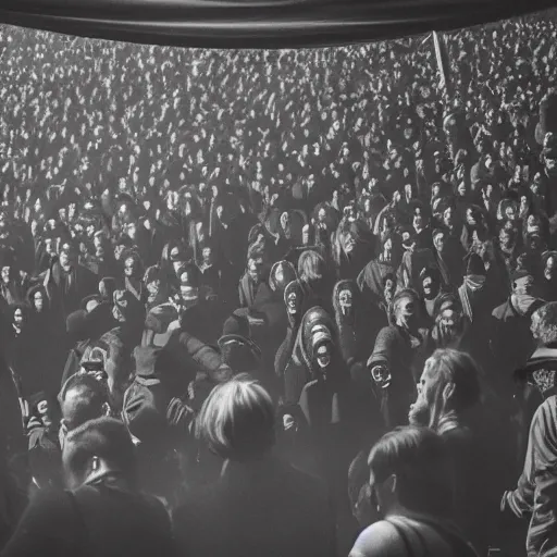 Prompt: Jaws dropped. Heads turned. Eyes widened in surprise as shady eight-eyed men squelched through the crowd and disappeared up into the sky, their faces hidden by masks. The tent is full of people, all staring at the sky above them and waiting for more to come flying out.