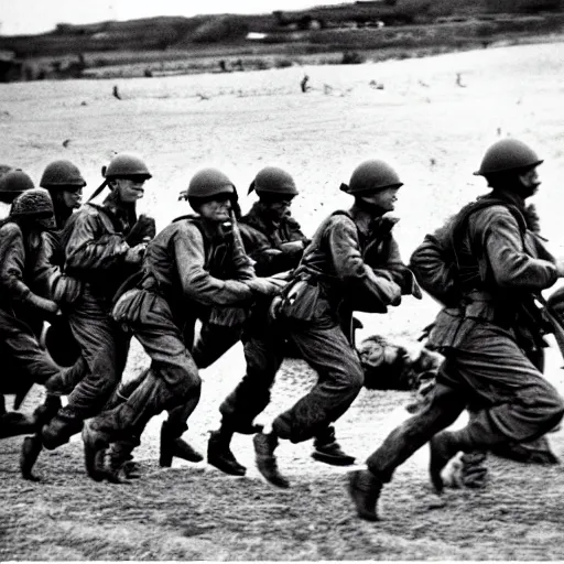 Prompt: the running soldiers in the d - day, by robert capa,
