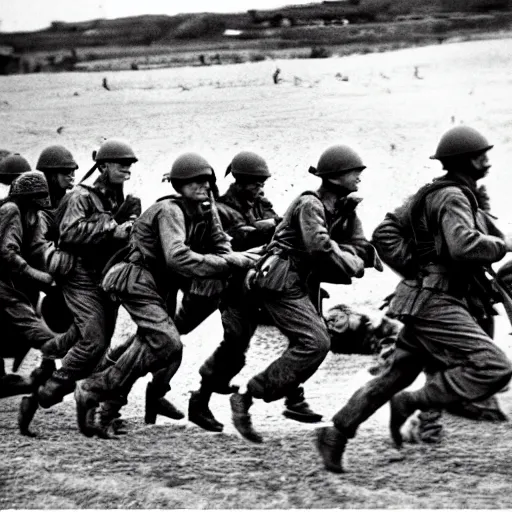 Image similar to the running soldiers in the d - day, by robert capa,