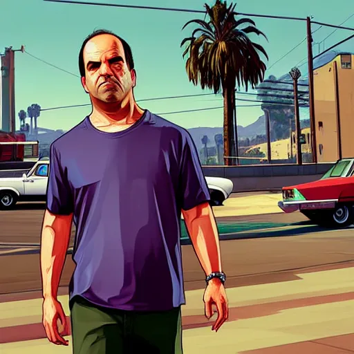 Image similar to gta v, art style by stephen bliss of jason alexander