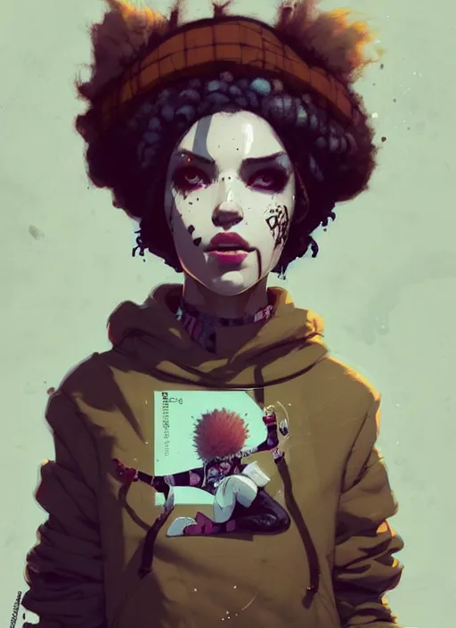 Image similar to highly detailed portrait of a sewer punk lady, tartan hoody, white afro hair by atey ghailan, by greg rutkowski, by greg tocchini, by james gilleard, by joe fenton, by kaethe butcher, gradient peach, brown, blonde cream and white color scheme, grunge aesthetic!!! ( ( graffiti tag wall background ) )