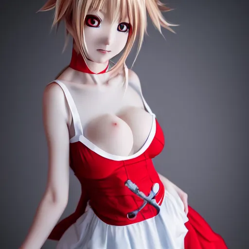 Image similar to very detailed photo of anime girl cosplayer wearing white and red dress, studio photo, anatomically correct, pretty face, UHD, 8k