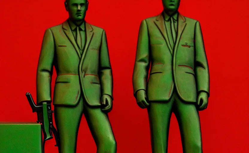 Image similar to by moebius, pedestal with exhibit ak 4 7 and men's in suit's around, soft light, red + green colours, golden facture, high quality details, perspective, denoise deep depth of field