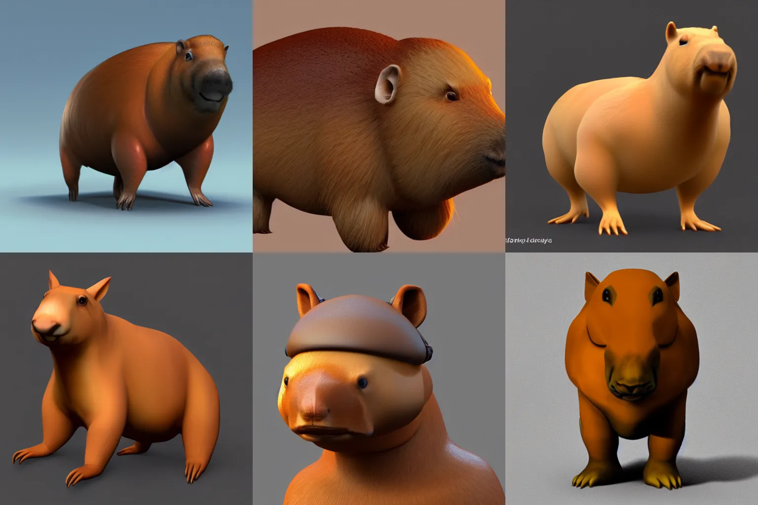 Prompt: 3d render of a stylized capybara wearing glassed, featured in artstation, zbrush, marmoset toolbag