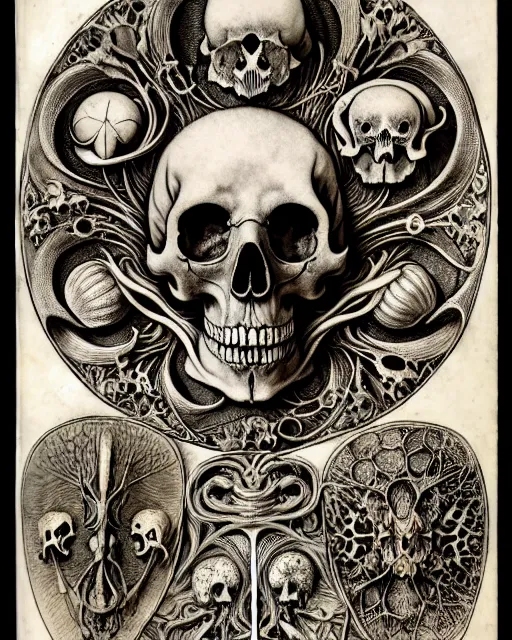 Image similar to memento mori by arthur rackham, art forms of nature by ernst haeckel, exquisitely detailed, art nouveau, gothic, ornately carved beautiful skull dominant, intricately carved antique bone, art nouveau botanicals, ornamental bone carvings, art forms of nature by ernst haeckel, horizontal symmetry, arthur rackham, ernst haeckel, symbolist, visionary