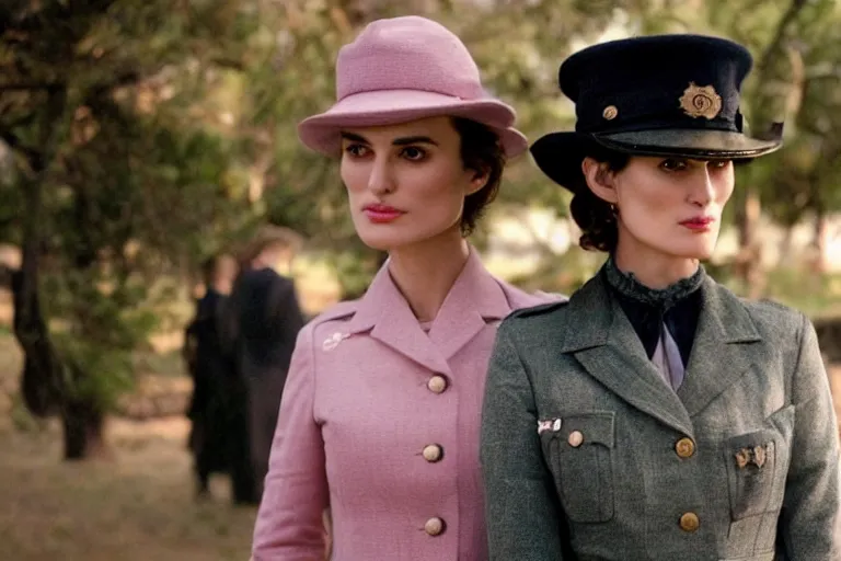 Prompt: wide-shot of kiera knightly/winona ryder as a constable in a movie directed by Wes Anderson, symmetrical shot, idiosyncratic, relentlessly detailed, pastel colour palette, detailed perfect face, movie still frame, promotional image, imax 70mm footage