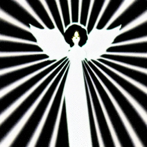 Prompt: vhs static overlay of angel apparition, money falling like confetti, vhs, 1 9 9 0, highly realistic, highly detailed, vhs noise static, black and white, vhs glitch