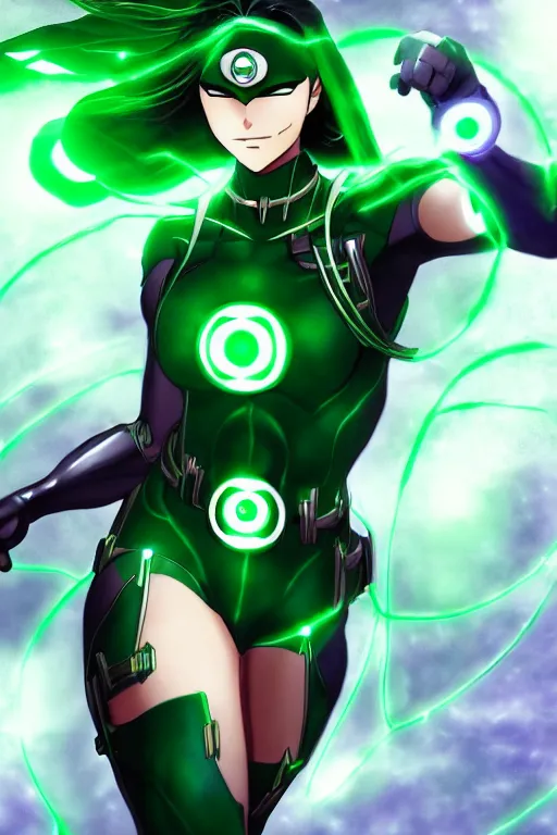 Image similar to anime key visual of a beautiful female green lantern, intricate, glowing accents, powers, glowing ring, speed, goddess, dc comics, cinematic, stunning, highly detailed, digital painting, artstation, smooth, hard focus, illustration, character concepts by senior concept artist