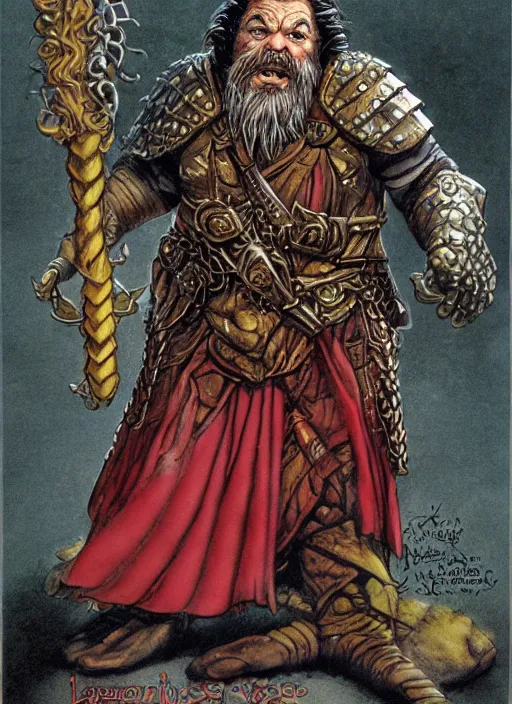 Image similar to full body of a dwarf sorcerer, beautiful! coherent! dungeons and dragons character, by larry elmore, gerald brom, ralph horsley, wayne reynolds, strong line, deep color, chainmail, short red hair, high contrast