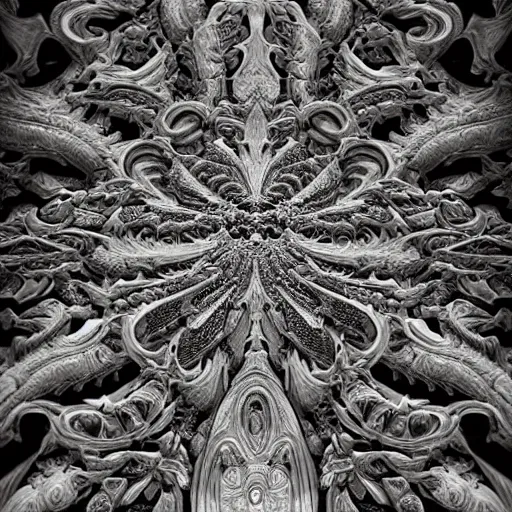 Image similar to a beautiful stone carving of an intricate mandelbrot fractal cathedral populated by fractals by android jones, carved soap, unreal engine, volumetric lighting, dynamic lighting, bright, dramatic lighting, high contrast, neon glow, carved marble, opalescent, sacred geometry, religious, angelic, catholicpunk, stark, trending on artstation