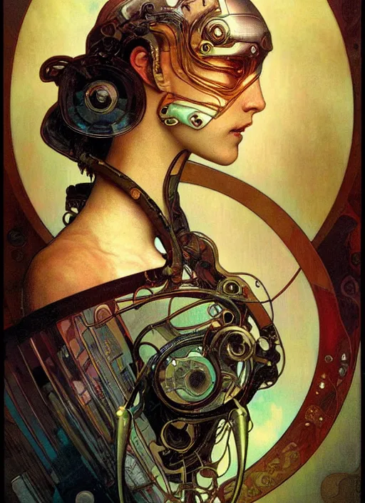 Image similar to portrait of a beautiful female android, coy, circuitry visible in head, in the style of ex machina, karol bak, alphonse mucha, artstation,