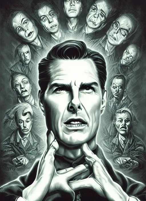 Image similar to evil beings are puppetmasters, pull the strings into the mind of tom cruise, they reach into his mind, twin peaks poster art, from scene from twin peaks, by michael whelan, artgerm, retro, nostalgic, old fashioned