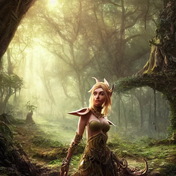 Image similar to intricate detailed portrait of a fantasy female elf on a beautiful forest meadow, temple ruins surrounded by lush forest, morning, art by Tyler Edlin, Artgerm and Greg Rutkowski, atmospheric lighting, dynamic lighting, cgsociety, RPG portrait, octane render, substance painter, iridescent accents