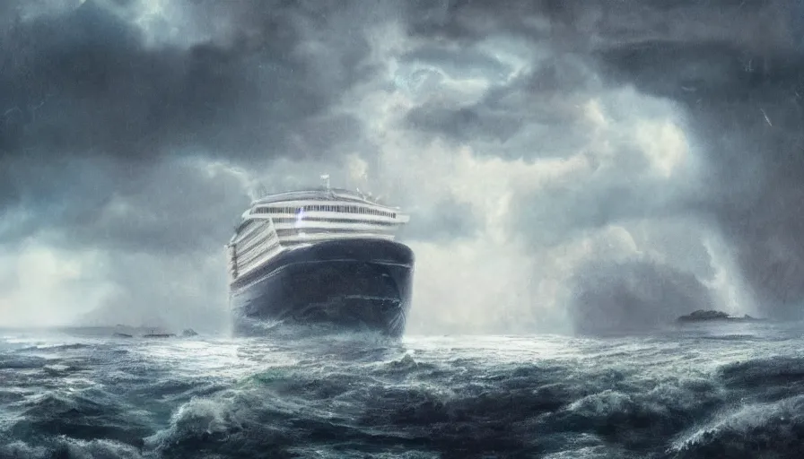 Prompt: movie poster of sinking cruise ship during thunderstorm, hyperdetailed, artstation, cgsociety, 8 k