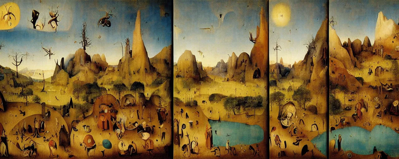 Image similar to Desert Oasis Triptych by Hieronymus Bosch, surreal oil painting, highly detailed, dream like, masterpiece