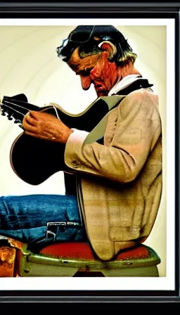 Image similar to portrait of doc watson playing guitar in the style of norman rockwell, photorealistic, award - winning