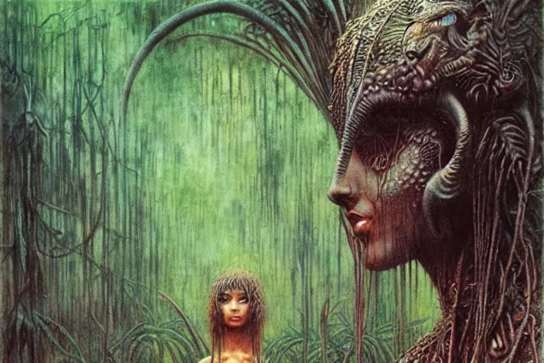 Image similar to cute yanomami female with short hairs in lovecraftian jungles by jean delville by luis royo and wayne barlowe, beksinski