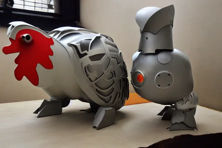 Image similar to heavily armoured mechanical chicken by studio ghibli