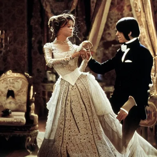 Image similar to ballroom scene from the leopard by luchino visconti with alain delon and claudia cardinale set in the 1 9 th century in an italian villa. technicolor!!!!, highly intricate, 5 0 mm