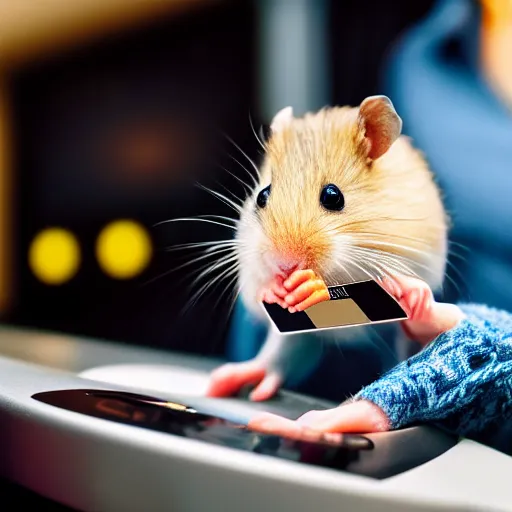 Prompt: photo of a hamster holding a credit card, on a contactless payment terminal, in a cinema, various poses, unedited, soft light, sharp focus, 8 k