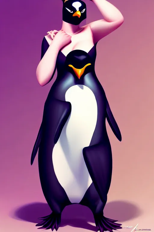 Image similar to Beautiful alluring penguin portrait in satin dress by Artgerm and WLOP, Pixiv