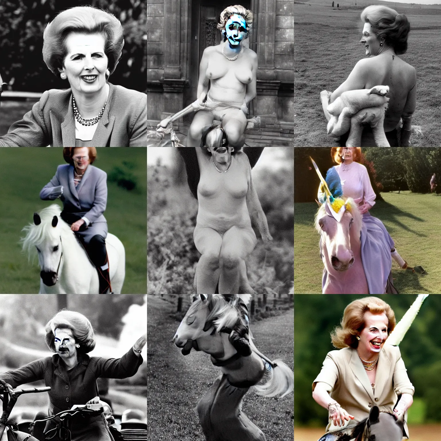 Prompt: Margaret Thatcher, naturist, riding a unicorn