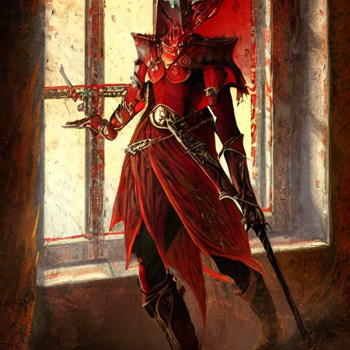 Prompt: blood knight, fantasy art, located in a castle, morning sunlight through the window, decorated, high quality, highly detailed, closeup