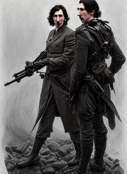 Prompt: painting of both john oliver and adam driver together, john oliver, stoic, full body, military uniform, fantasy, intricate, elegant, beautiful, highly detailed, charcoal, centered, dark, smokey, digital painting, concept art, smooth, sharp focus, illustration, art by artgerm, art by greg rutkowski, art by alphonse mucha