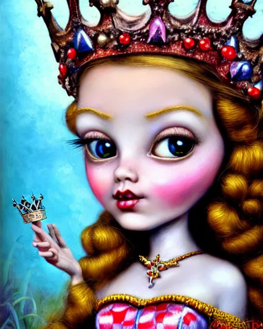 Image similar to closeup profile portrait of a tin toy fairytale princess wearing a crown and sitting on a throne, bikini, hyper realistic, artstation, illustration, concept art by nicoletta ceccoli, mark ryden, lostfish, dan decarlo, bob clampett, max fleischer, digital paint, matte paint, washed colors, dark, gloomy, detailed and intricate environment