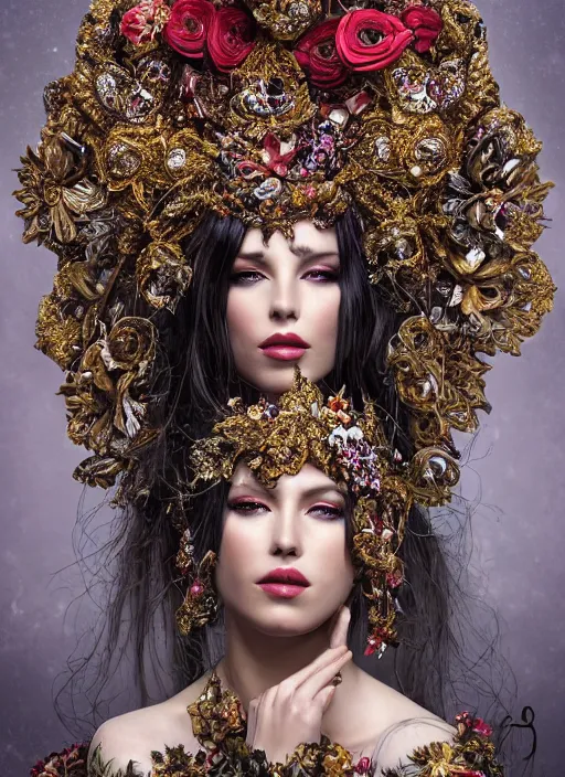 Image similar to expressive full body photo of a female model, ornate headpiece made from flowers, ornaments, glamour shot, by karol bak, by stefan gesell, photorealistic, canon r 3, fashion photography, hyper maximalist, elegant, ornate, luxury, elite, environmental portrait, symmetrical features, octane render, unreal engine, solid dark grey background, dramatic lights