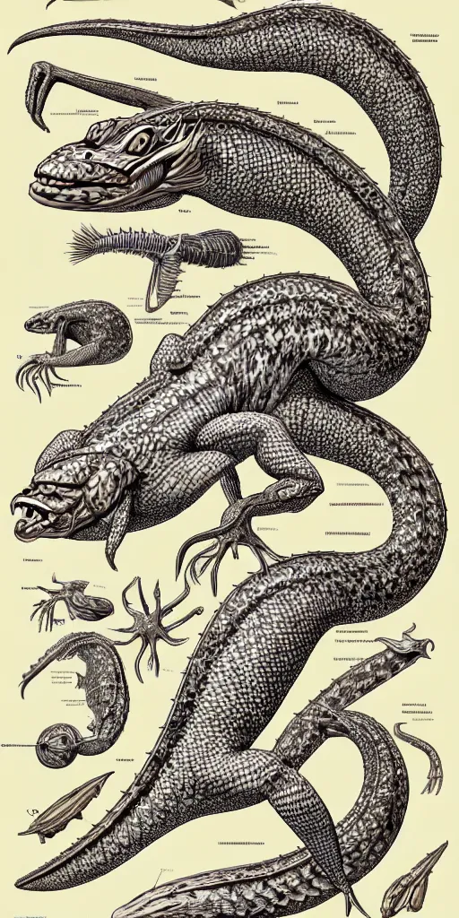 Image similar to squamata schematic, ultra detailed, 4 k, intricate, encyclopedia illustration, fine color inking lines